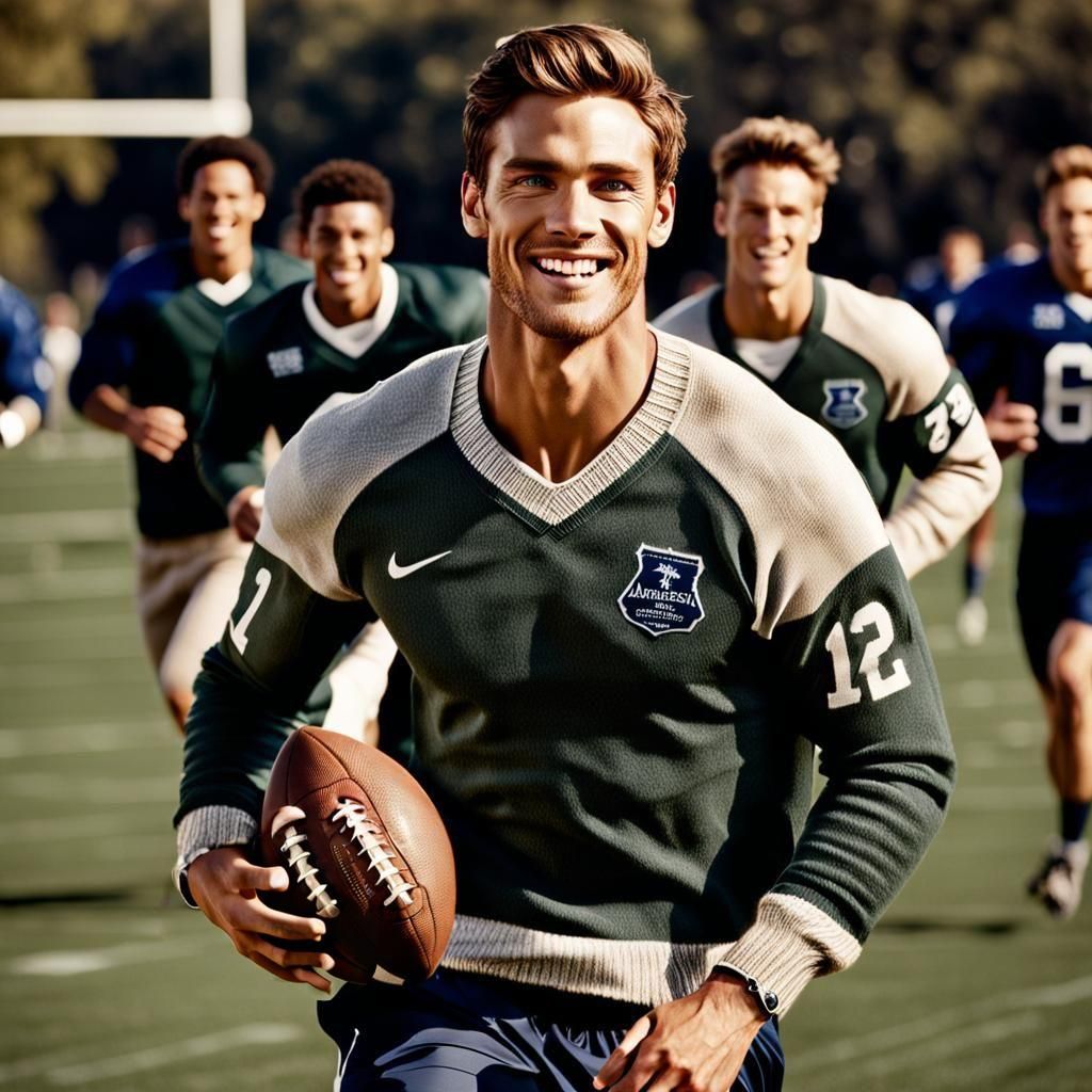 Handsome Model Radiantly Plays Football in Collegiate Sweate...