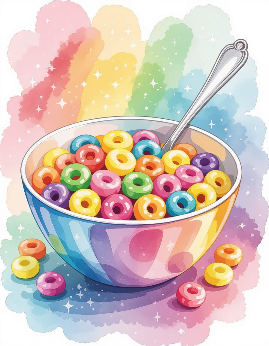 Rainbow Cereal Bowl in Watercolor Illustration Style