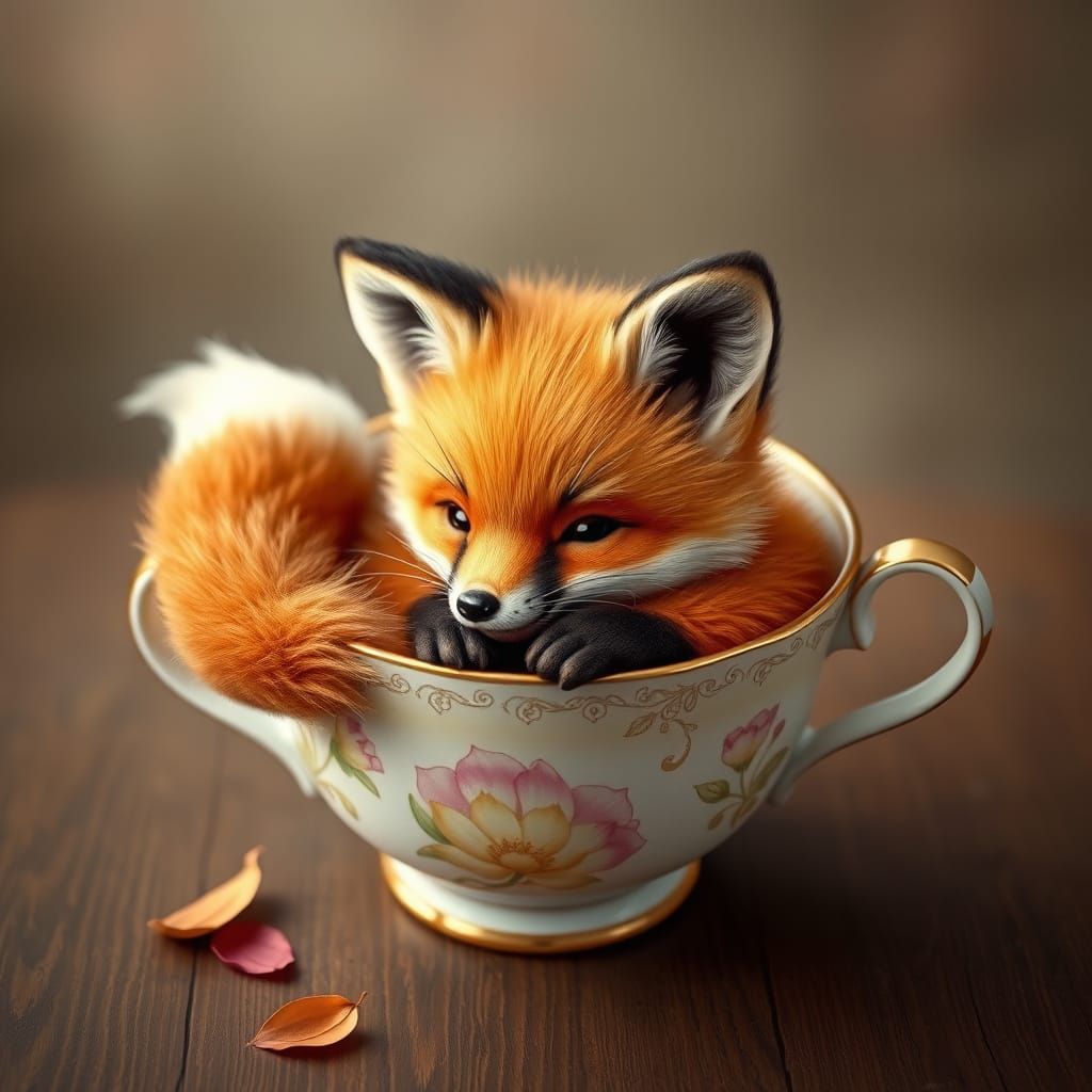 Fox in a Teacup. This charming creation features an adorable, fluffy fox nestled snugly inside a delicate porcelain teac...