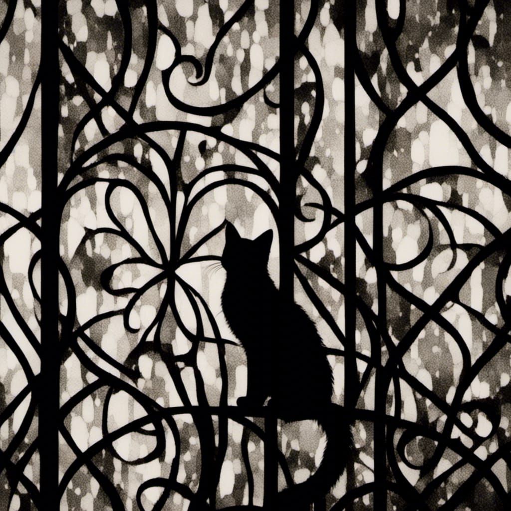 <lora:DarkMedia:1.0> cat black silhouette on a wrought iron ...