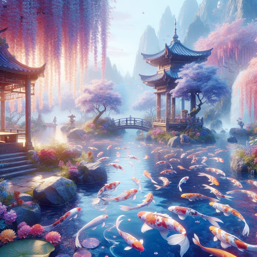 Vibrant Koi Fish Pond in Anime Style
