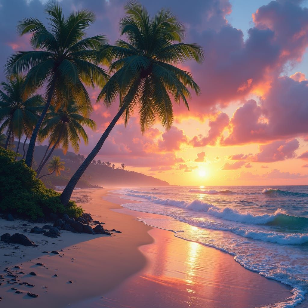 Enchanting Tropical Beach Sunset in Light-Infused Style