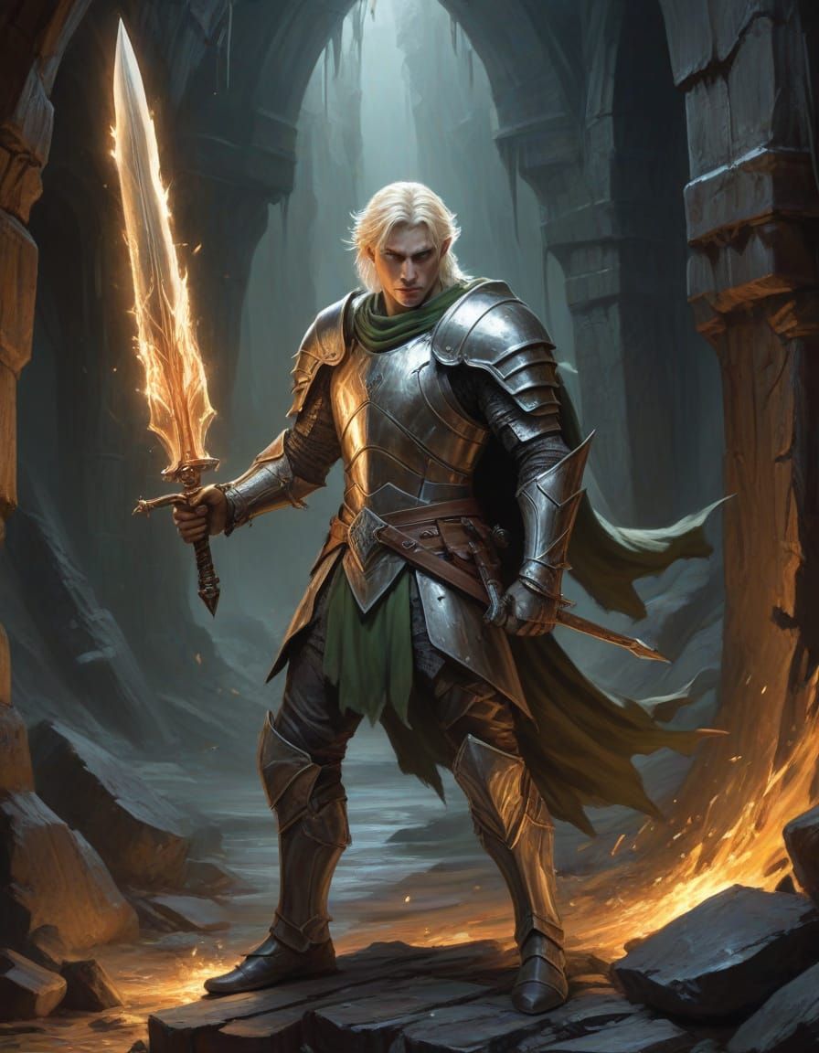 Tenebrism Elf Knight Wields Elemental Sword in Dungeon