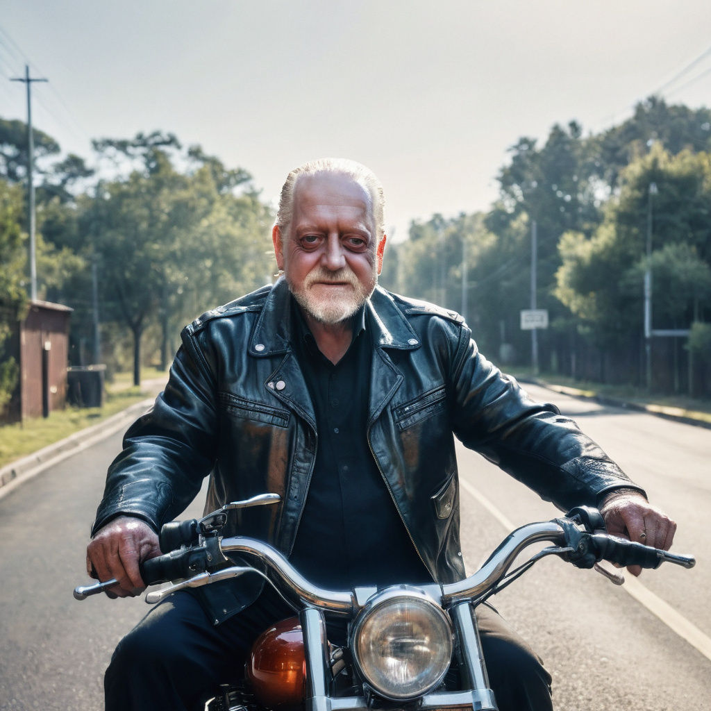 portrait of <Subject> as a biker in a bikie gang. Leather ja...