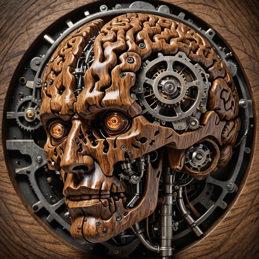 Steam-Powered Brain with Walnut Face: Photorealistic Close-U...