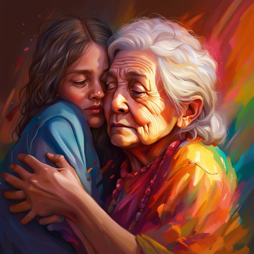 Touching Grandmother and Granddaughter Embrace in Hyperreali...