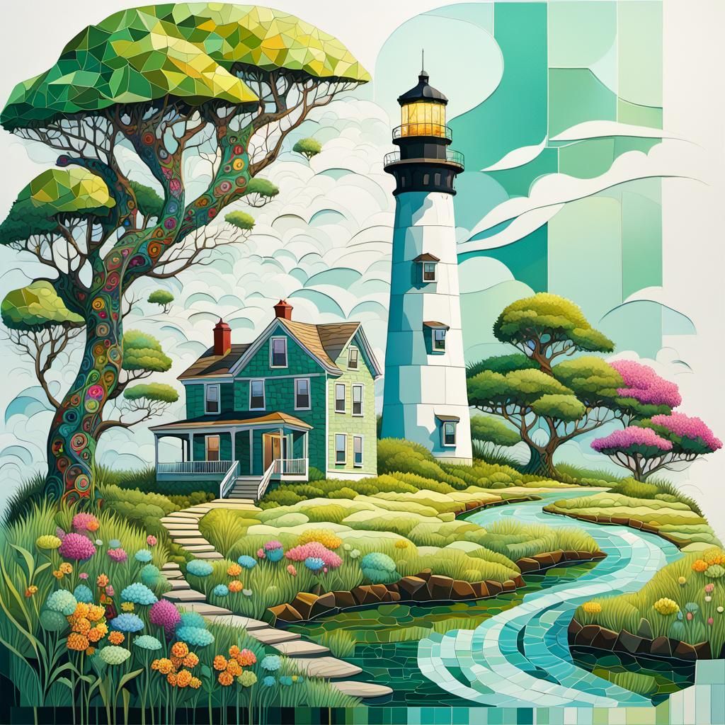 Mosaic Lighthouse Fantasy Landscape in Hypermaximalism Style