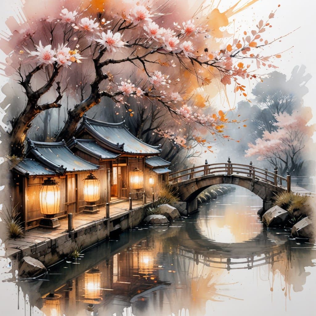 Kyoto Blossom Lanterns: Watercolour Dreamscape