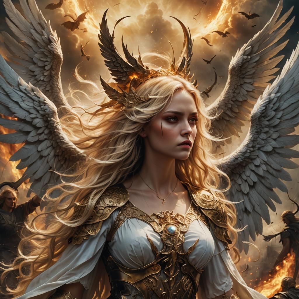 Angelic Demon Soars Over Battlefield in Ethereal Art