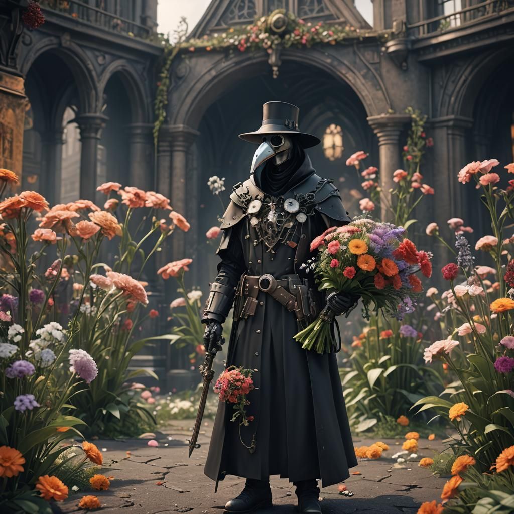 Futuristic Plague Doctor with Flowers