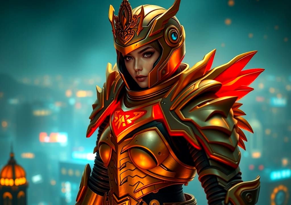 Fantasy Armored Woman in Surreal City, Anime Style