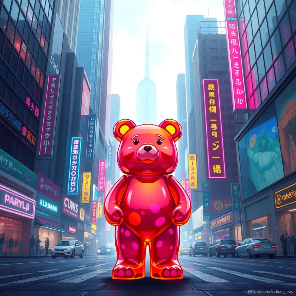 Gummy Bear in Neon Metropolis: A Digital Artwork