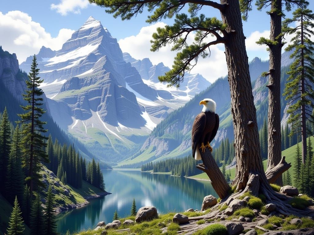 Bald Eagle Over Serene Alpine Lake, Realistic Wildlife Art