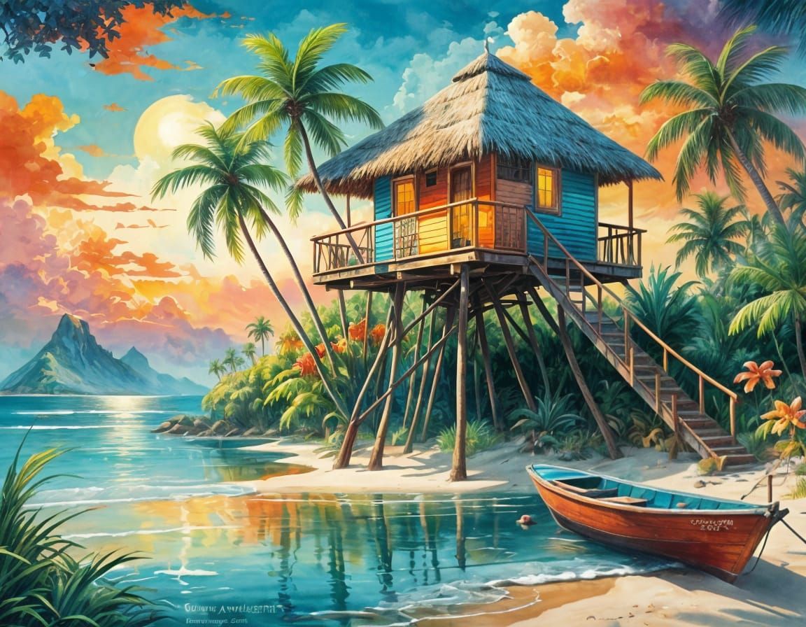 Tropical Lagoon Beach Hut in Watercolor Style