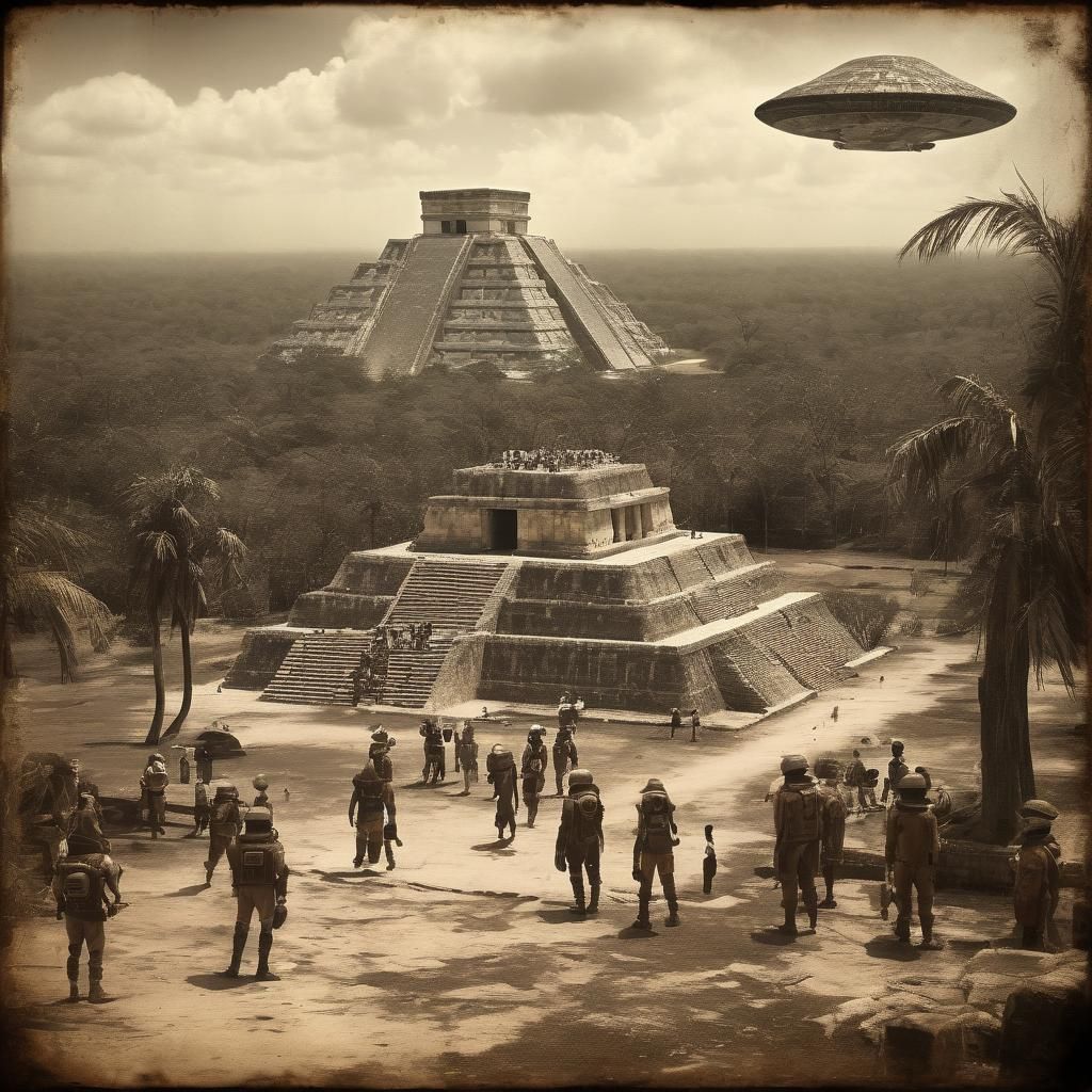 Alien Spaceship at Chichen Itza: Sepia Photograph
