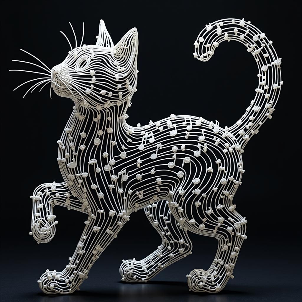 Wireframe Cat Dancing with Musical Notes