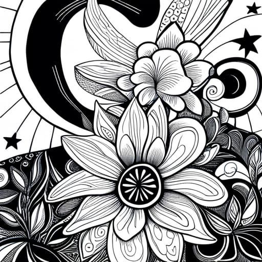 Stylized Lotus Flower Drawing with Stars and Waves