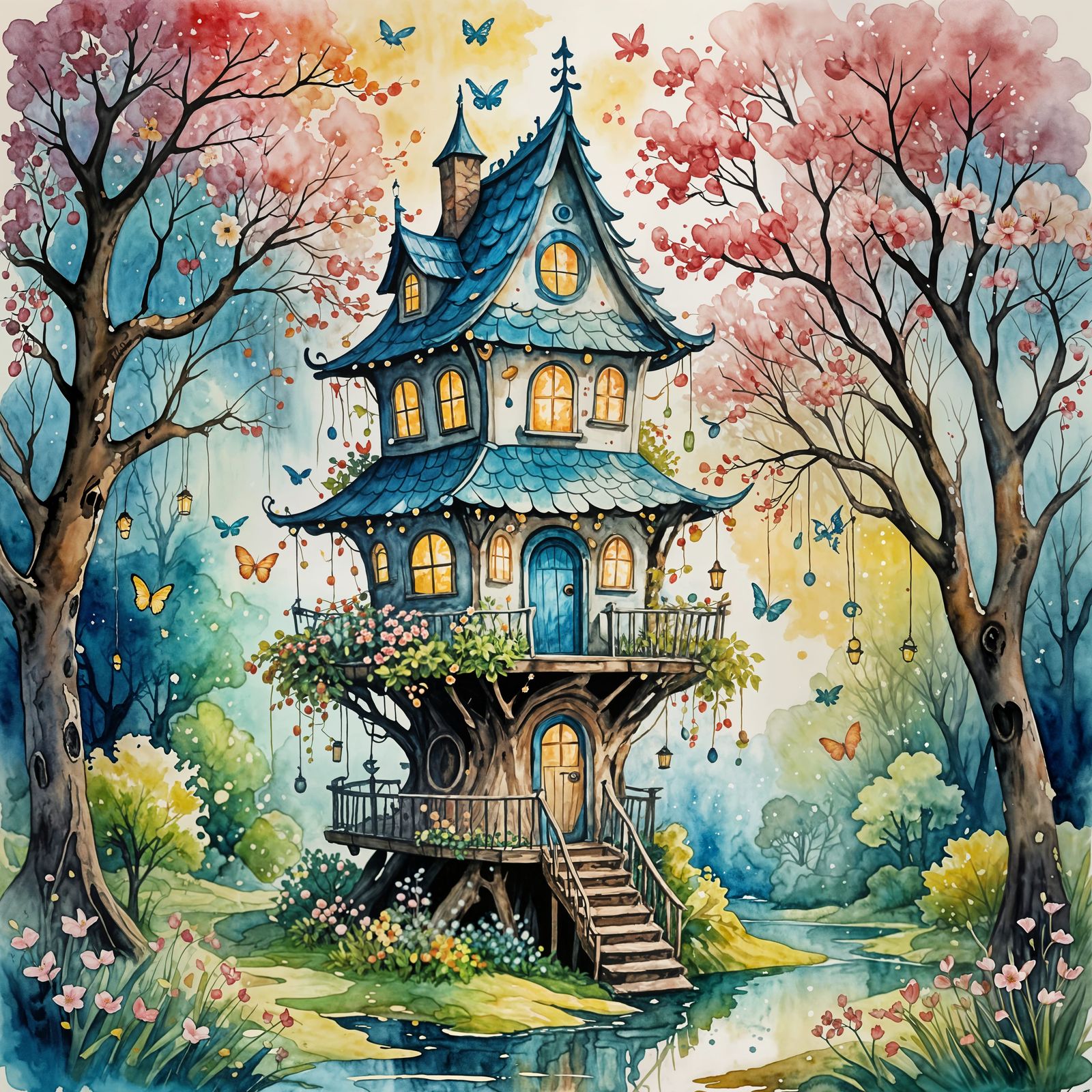 Whimsical Watercolor Fairy Treehouse Scene