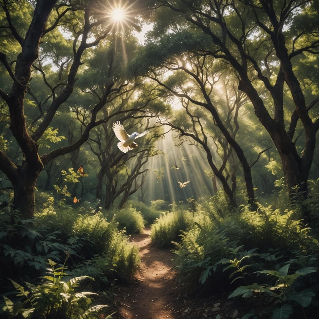 Cinematic Forest Scene with Dove and Sunlight