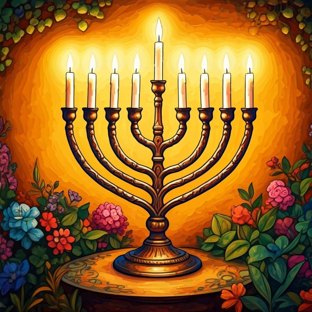 Vibrant Hanukkah Menorah in Whimsical Art Nouveau Style