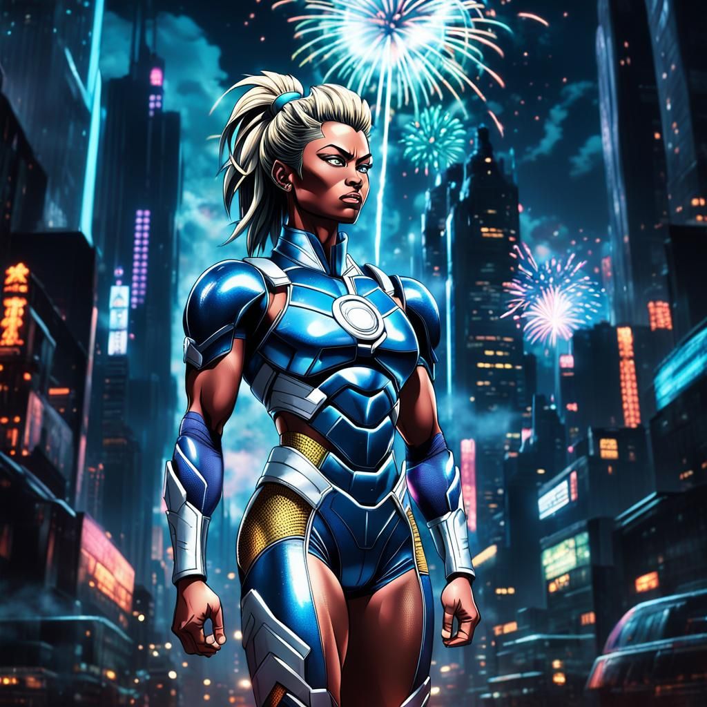 Anime Super Saiyan Woman in Retro Metropolis