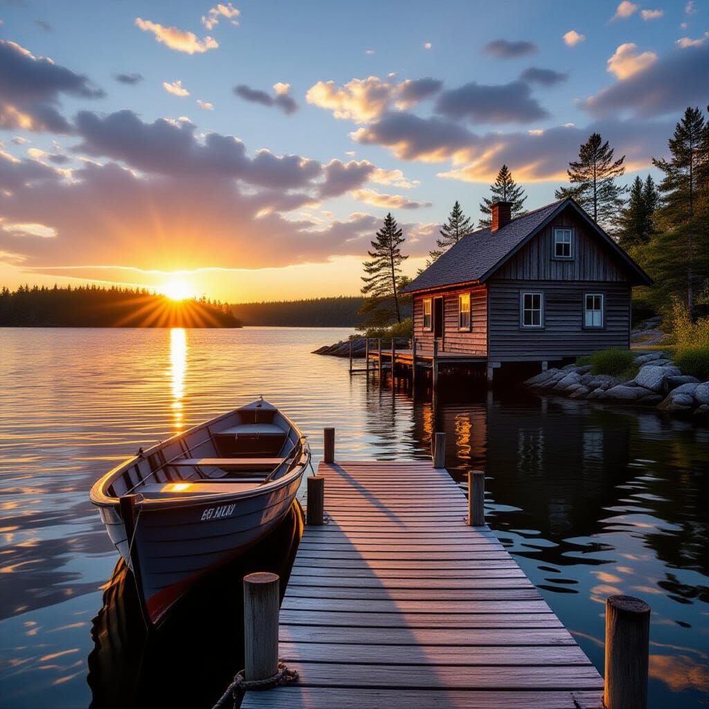 Secluded Island Cabin at Sunrise with Rowboat