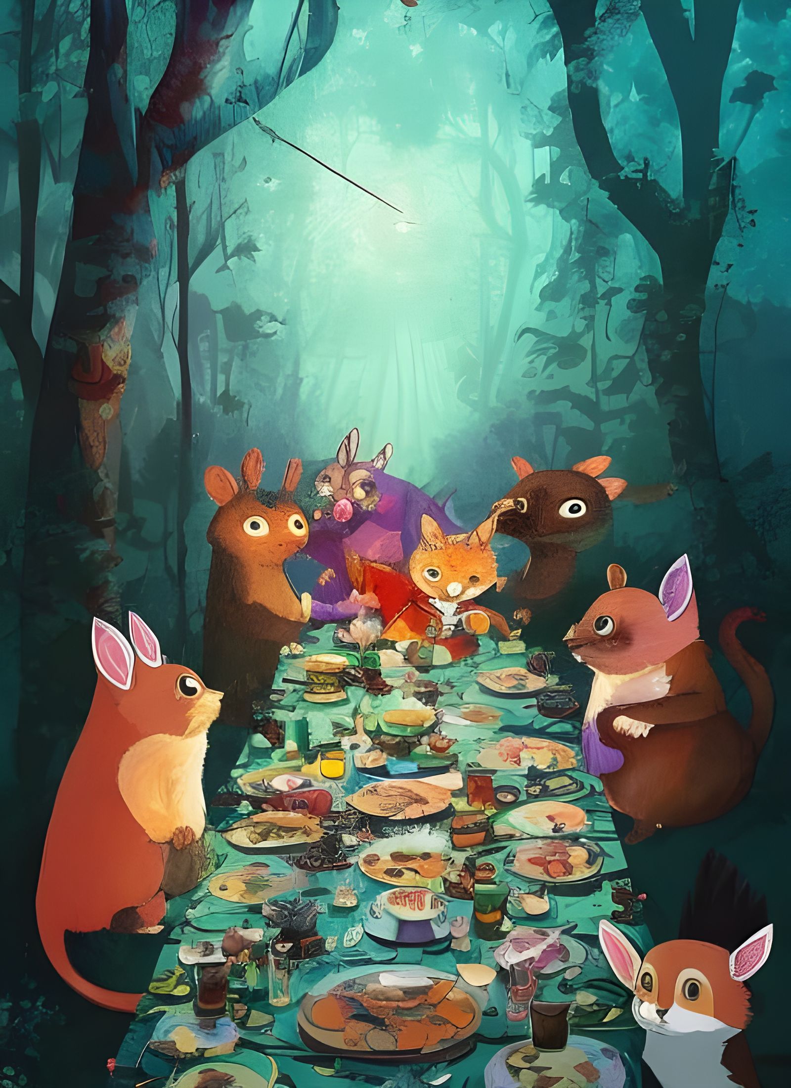 Forest Animals' Grand Feast: A Whimsical Digital Illustratio...