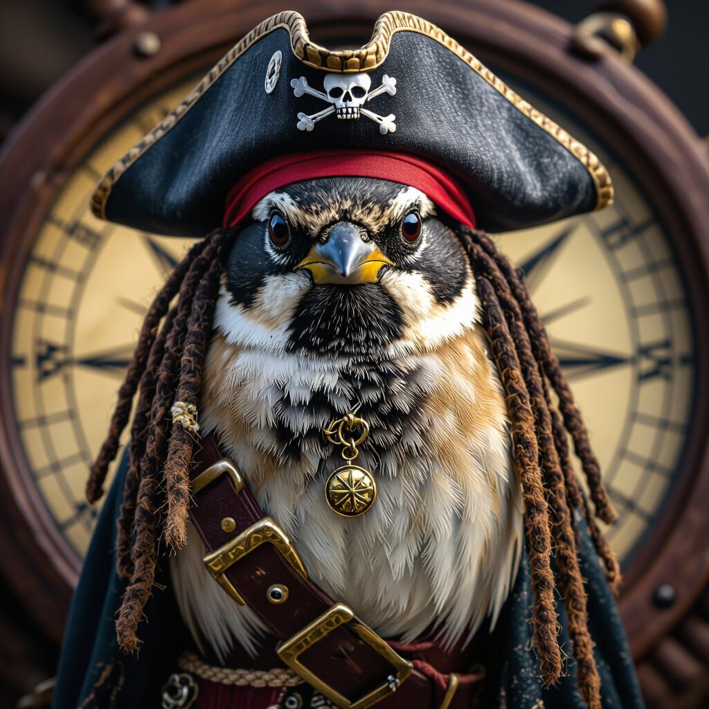 Hyperrealistic Sparrow Pirate with Dreadlocks and Compass