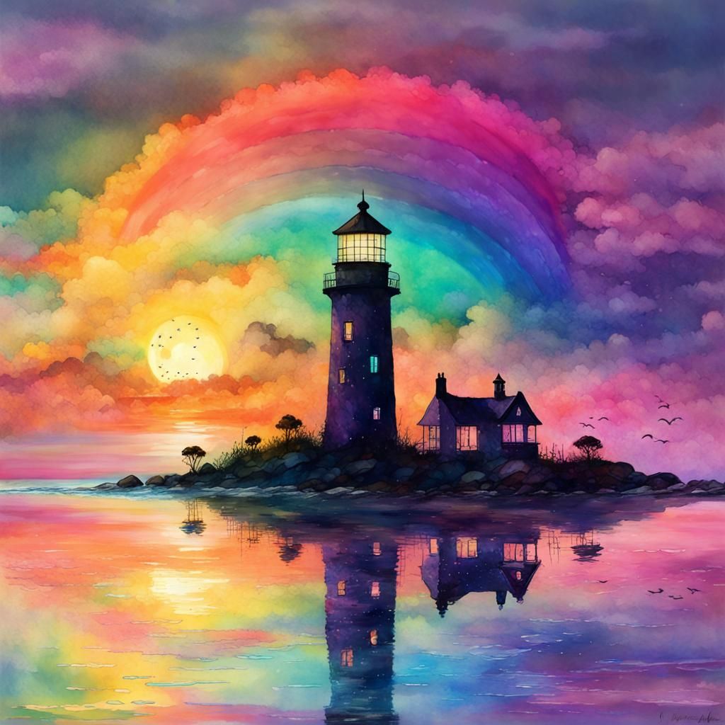 Rainbow Lighthouse Silhouette in Gouache Watercolor Style