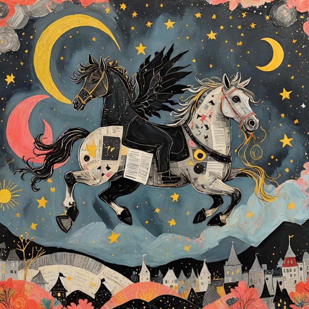 Whimsical Night Scene with Horse, Cat, and Bird