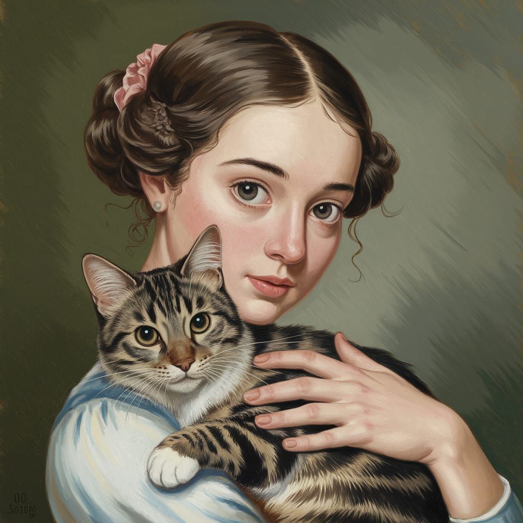 Romantic Young Woman with Cat in a Neo-Classical Style