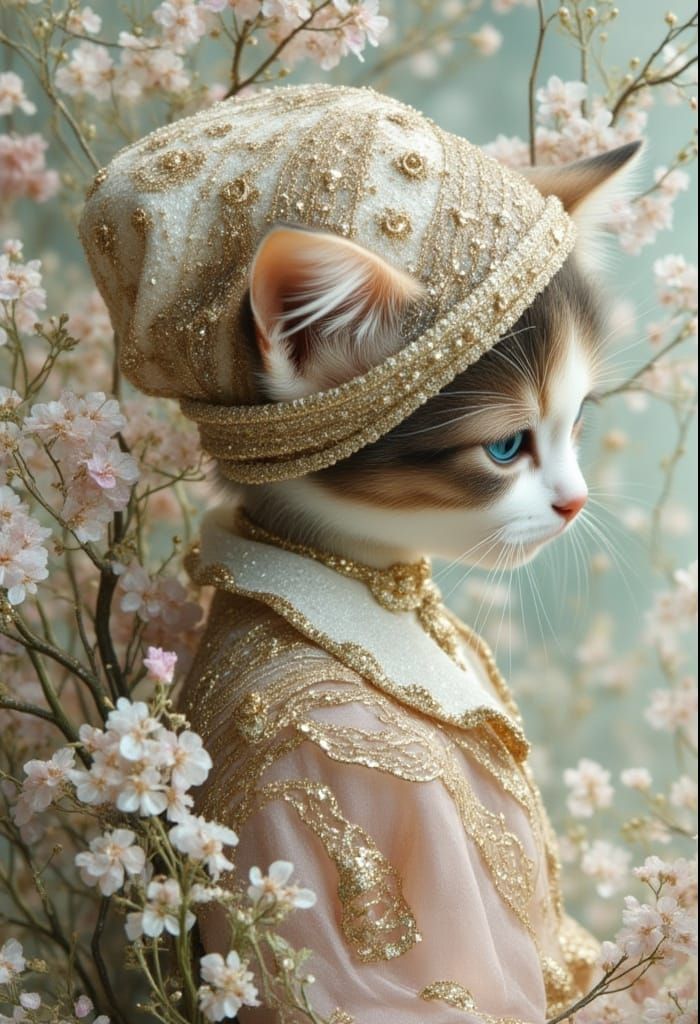 Pearl Cat Gazing at Porcelain Sculpture