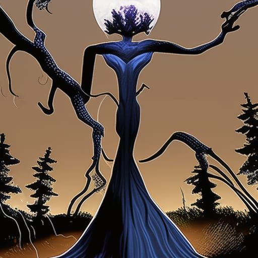 Tall Man Figure in Dark Forest with Tendrils