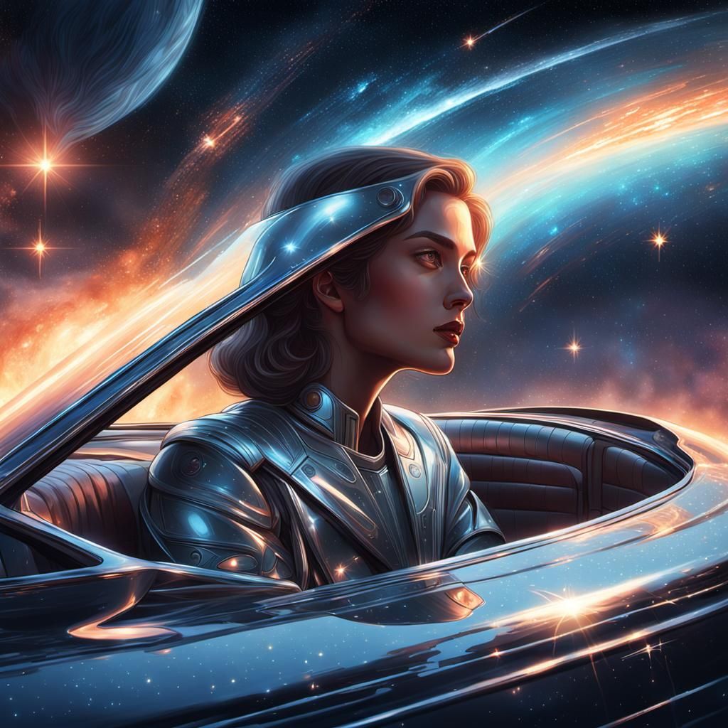 Vintage Car in Cosmic Radiance, Science Fiction Illustration