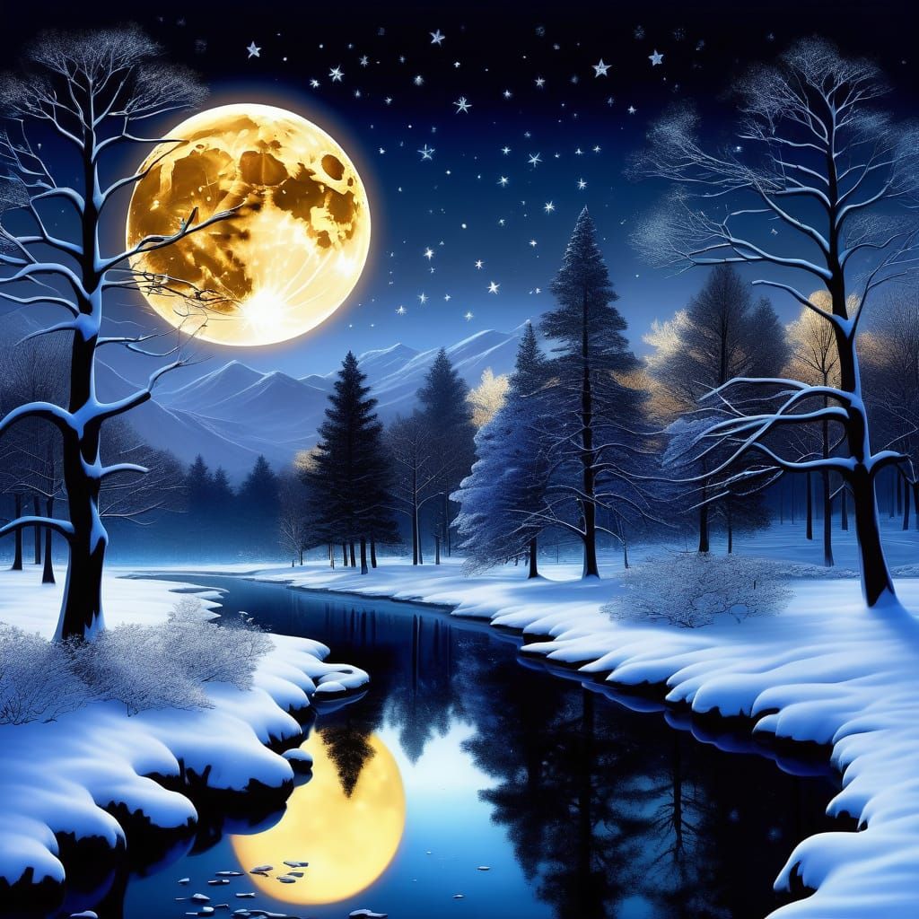 Magical Winter Night Landscape with Golden Moonlight