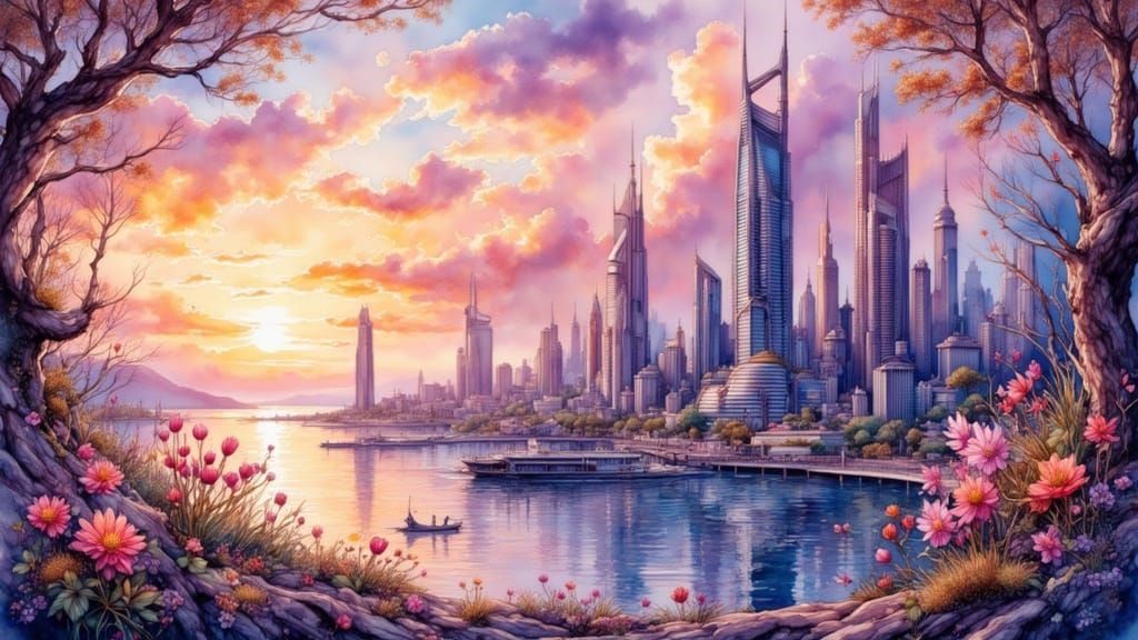 Surreal Coastal Metropolis Unfolds in Sunset Hues