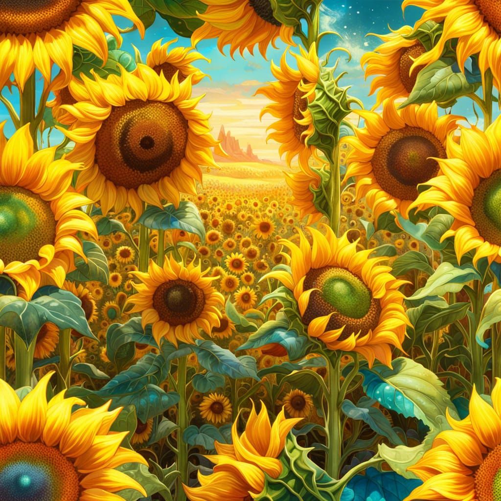 Crystalline Sunflower Field: Fantasycore Digital Art