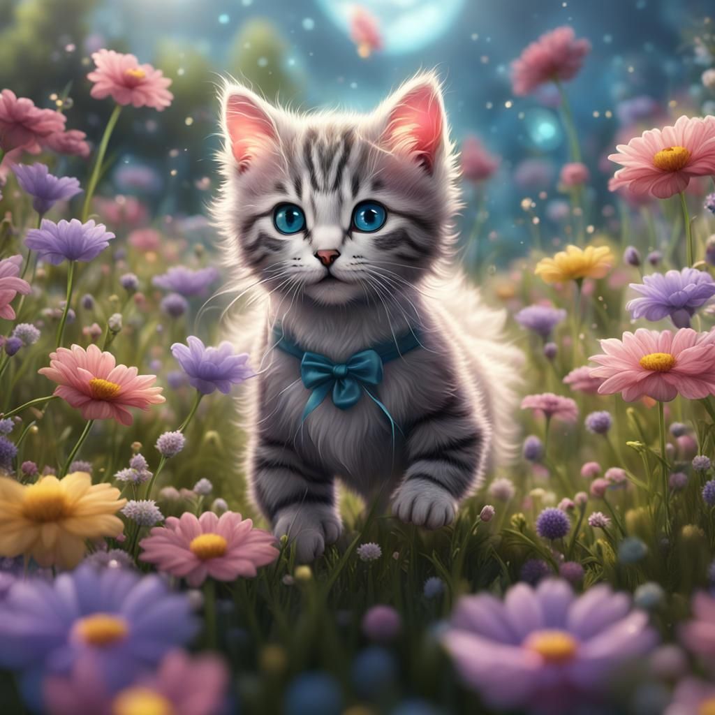 Kitten in Tulle Tutu in Flower Field: Matte Painting