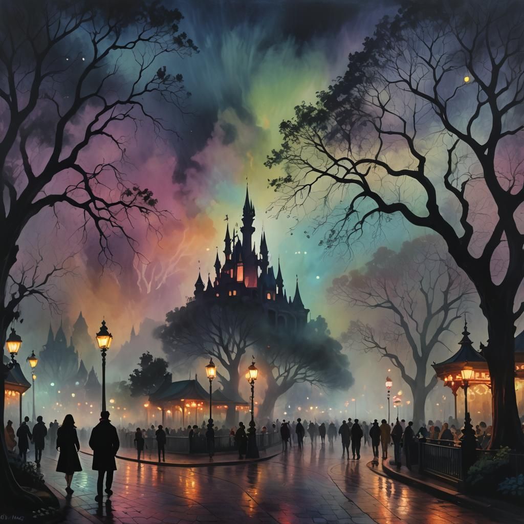 Eerie Disneyland Nightscape in Dark Surrealist Style