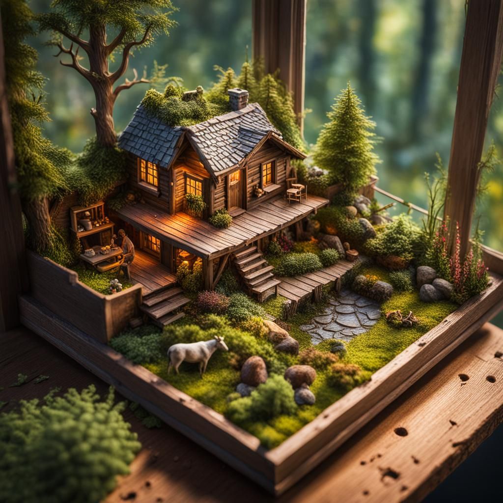 Miniature Forest Cabin with Garden: Hyperrealistic Art