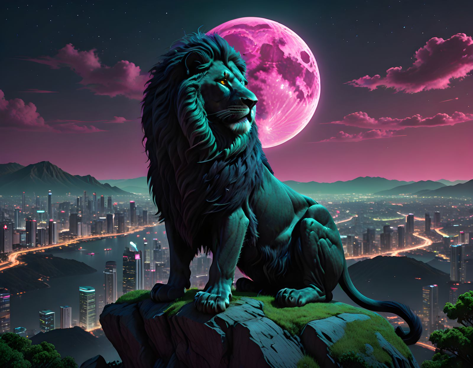 Regal Futuristic Lion Defies Gravity Under Moonlit Cityscape