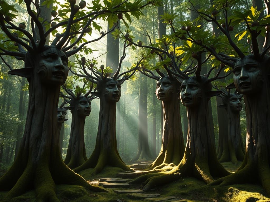 Whispering Wooden Heads in a Serene Enchanted Forest