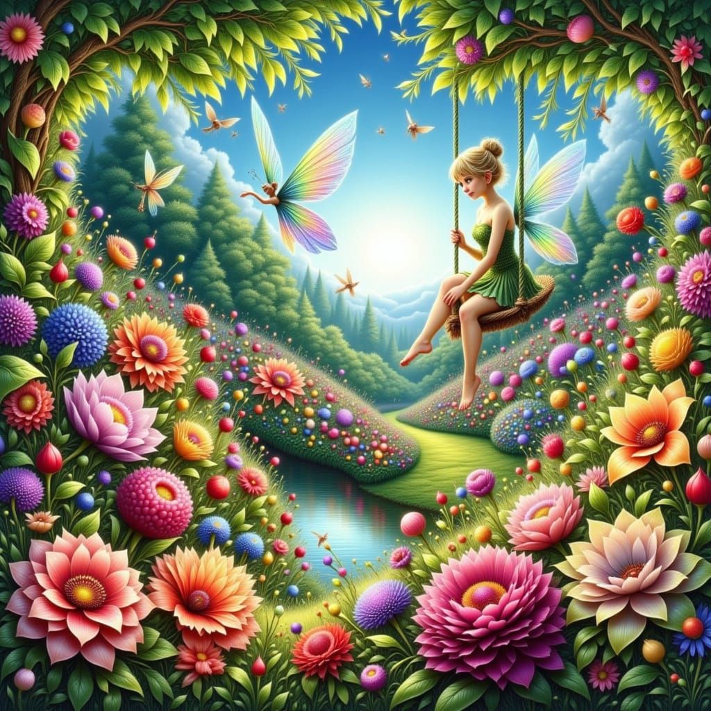 Whimsical Fairy on Flower Swing in Vibrant Garden