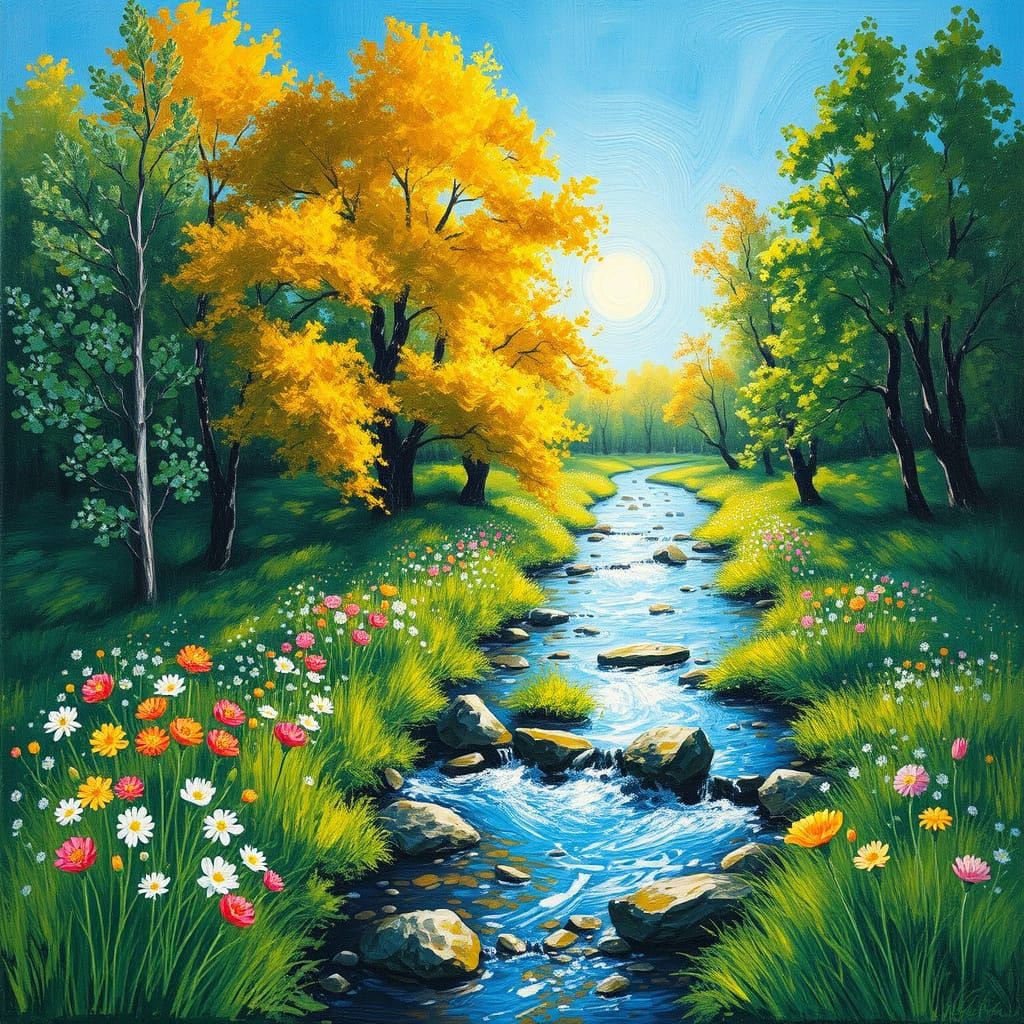 Vibrant Stream Landscape in Impasto Style
