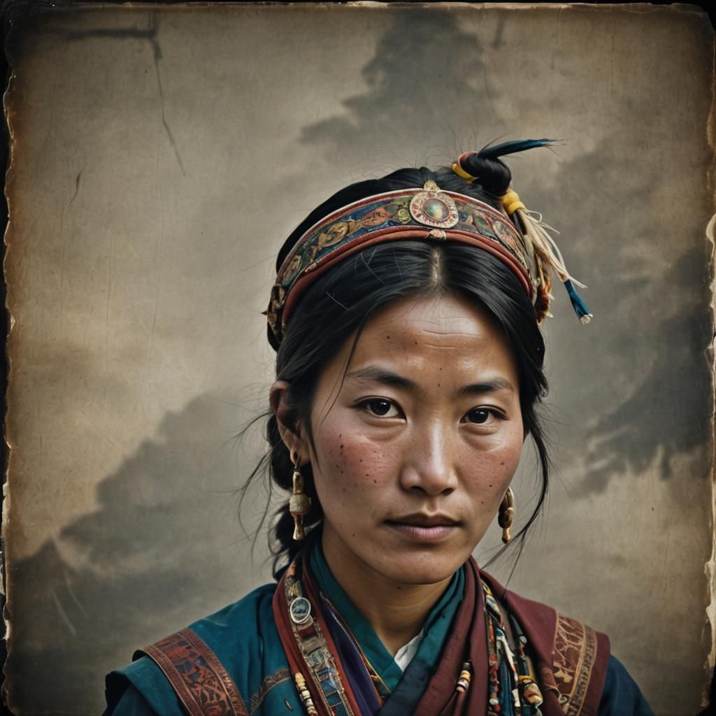 Beautiful Tibetan Woman Portrait in Traditional Dress