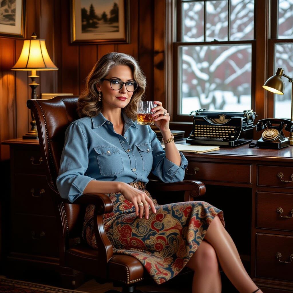 Nostalgic Portrait of Woman in Antique Office, Americana Sty...