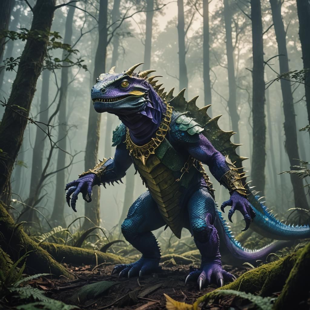 Lizardman Warrior with Morningstar in Misty Forest