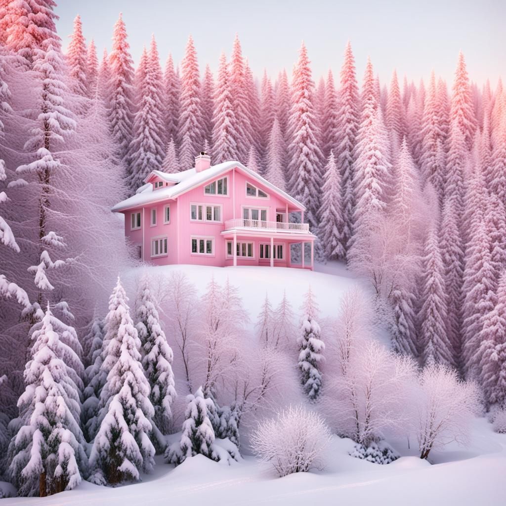 Pink House in Winter Forest