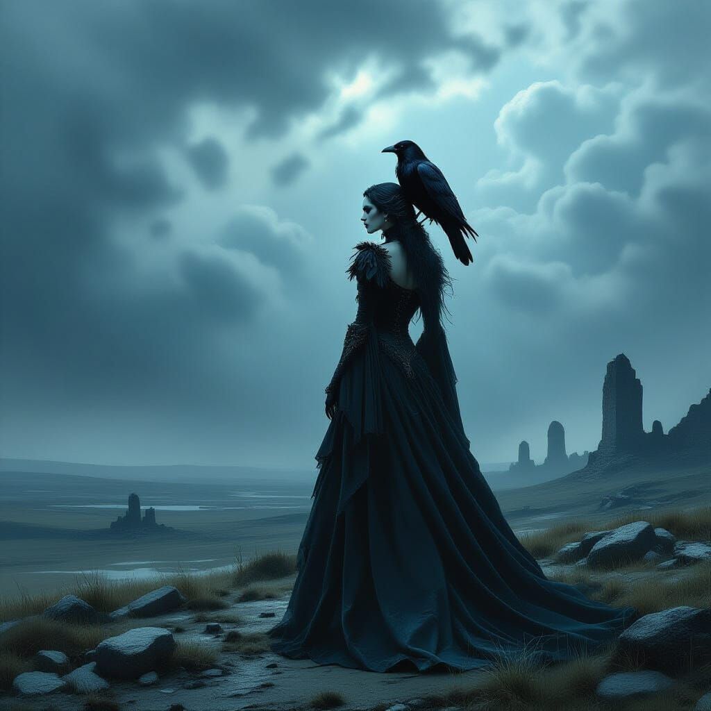 Gothic Queen on Windswept Moor with Raven