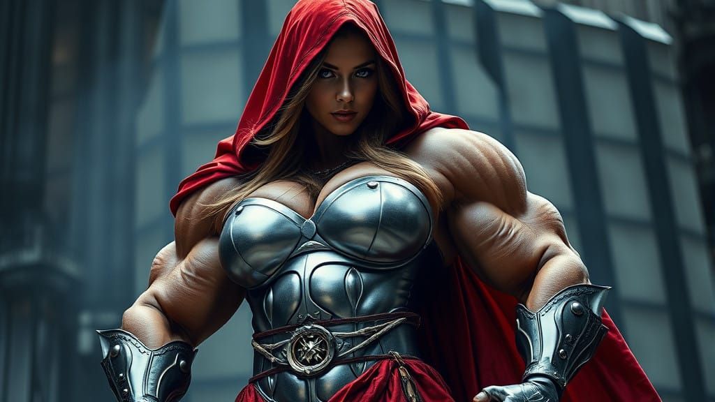 Surreal Hypermuscular Female Bodybuilder as Red Riding Hood